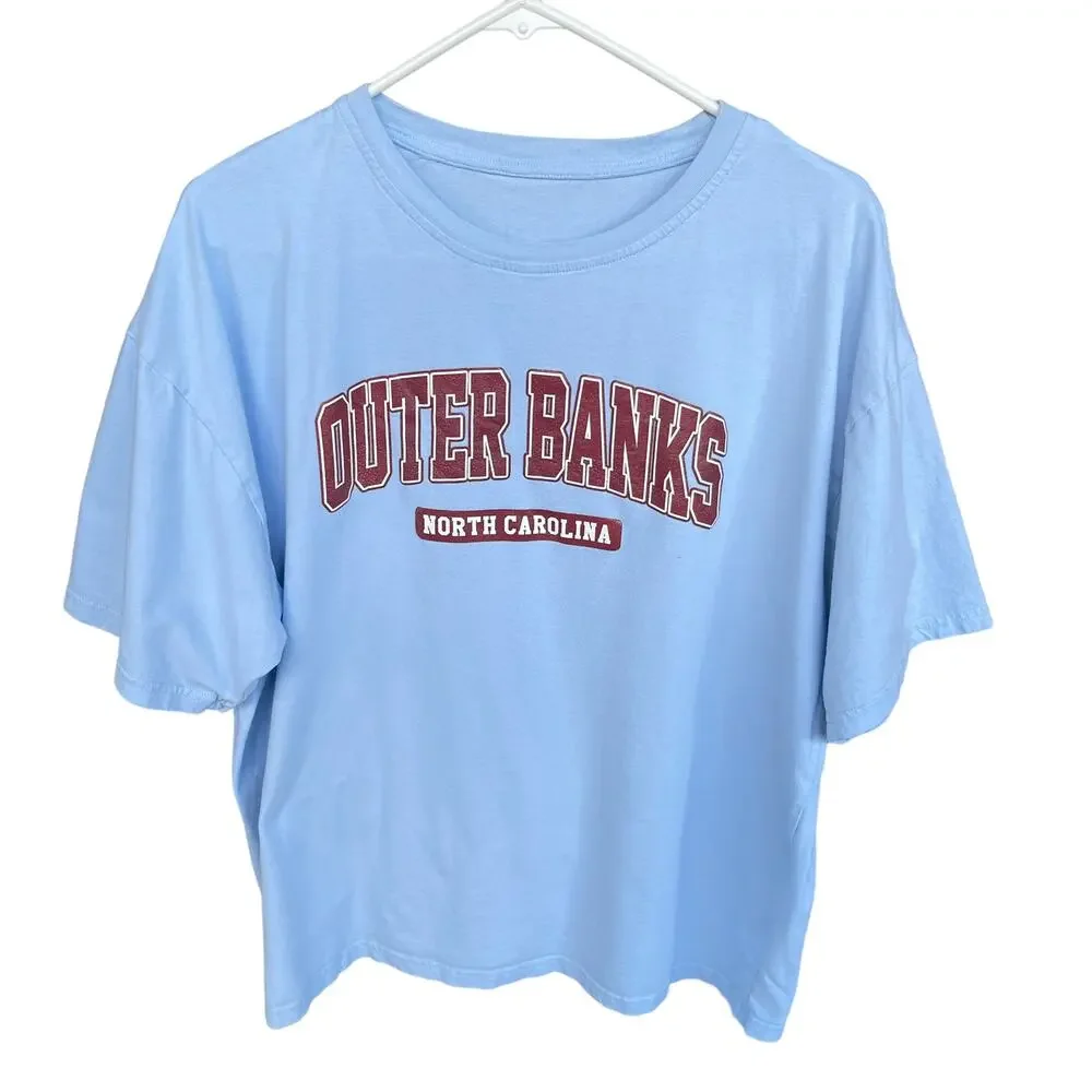 Shein Outer Banks Shirt Womens Large‎ Blue Cropped Graphic Print TV Show